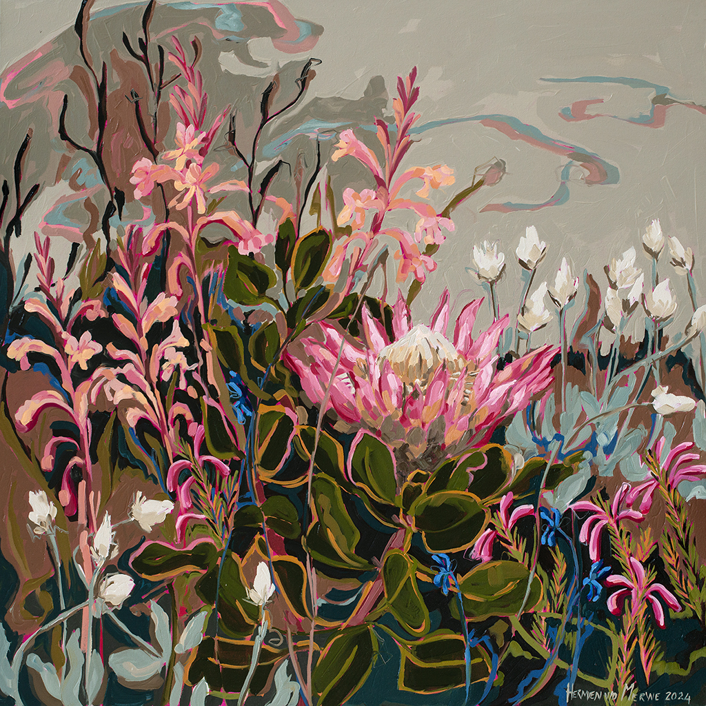 King Protea Watsonia and Erica in Pink (Amplify series) 800x800mm